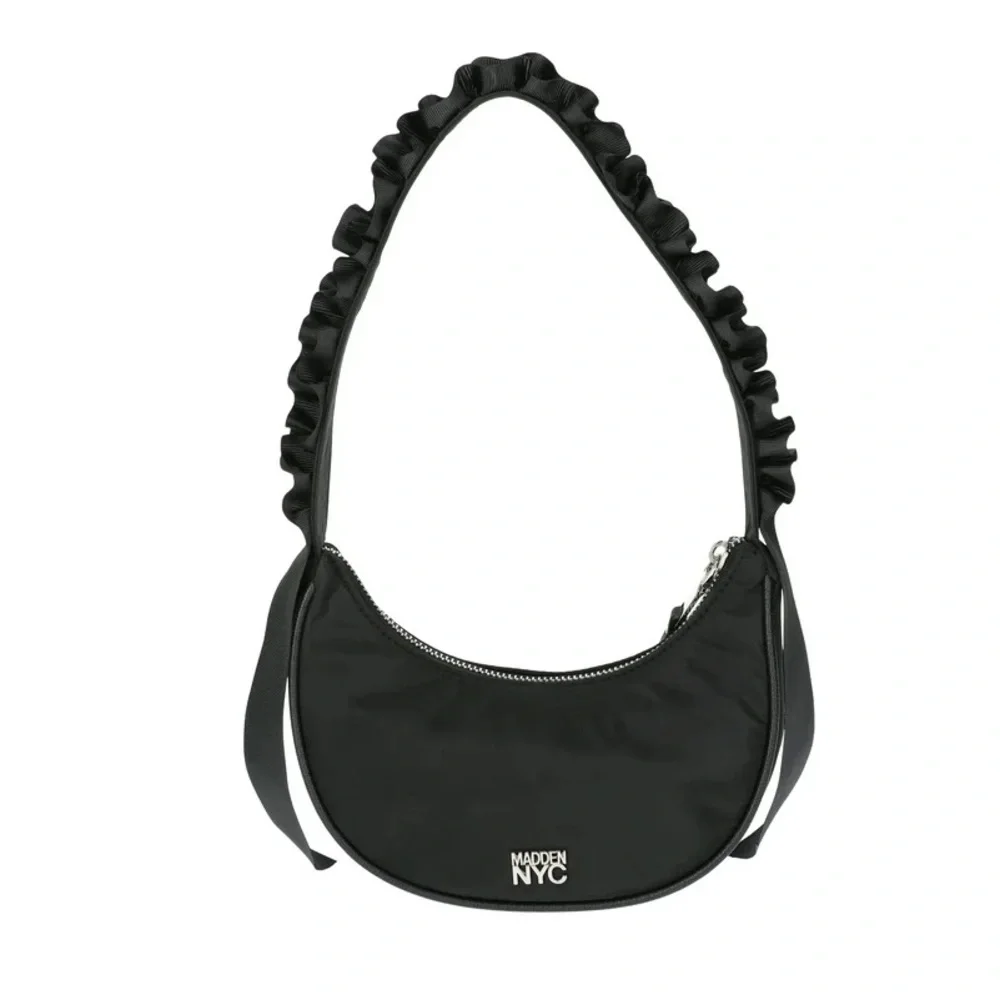 Madden NYC Women's Ruffled Ribbon Half Moon Nylon Handbag, Black NWT